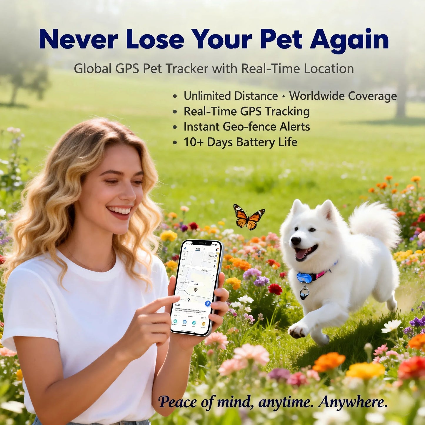 GPS pet tracker for dogs and cats by mypawbloom with built-in IoT SIM and WiFi tracking, shown in the product image.