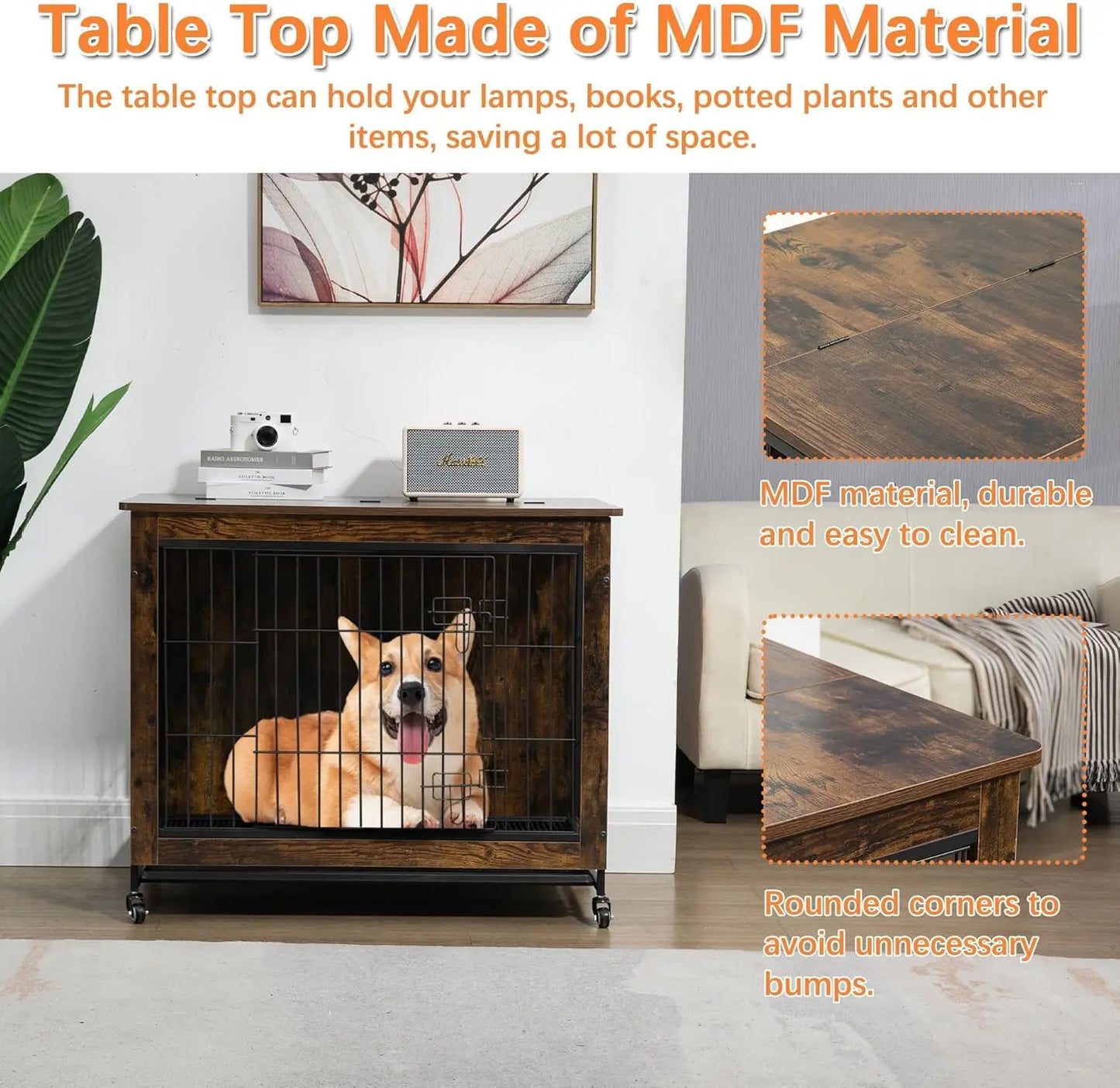Rustic wooden dog crate furniture with wheels from mypawbloom, featuring a cozy design and practical mobility for pet comfort.