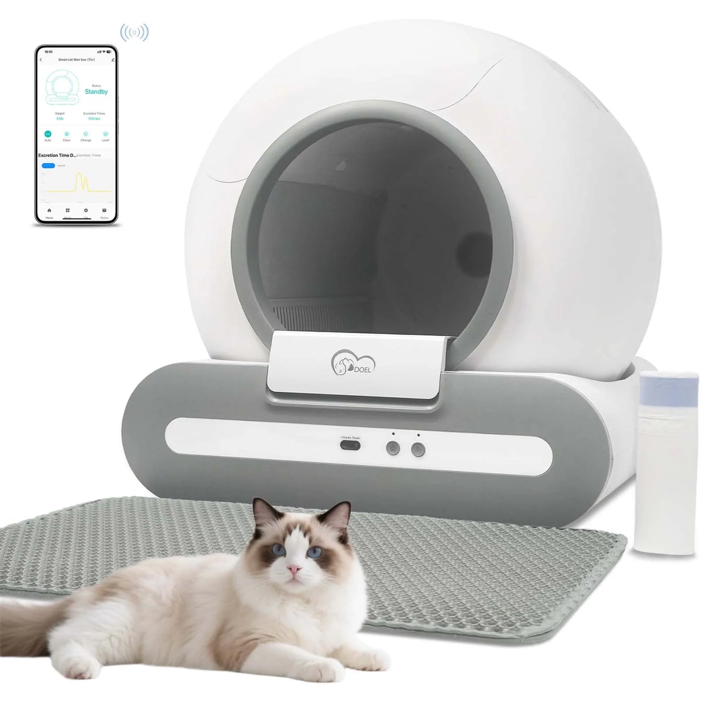 mypawbloom DOEL 65L self-cleaning cat litter box with app control, featuring a modern design and 2.4G WiFi connectivity