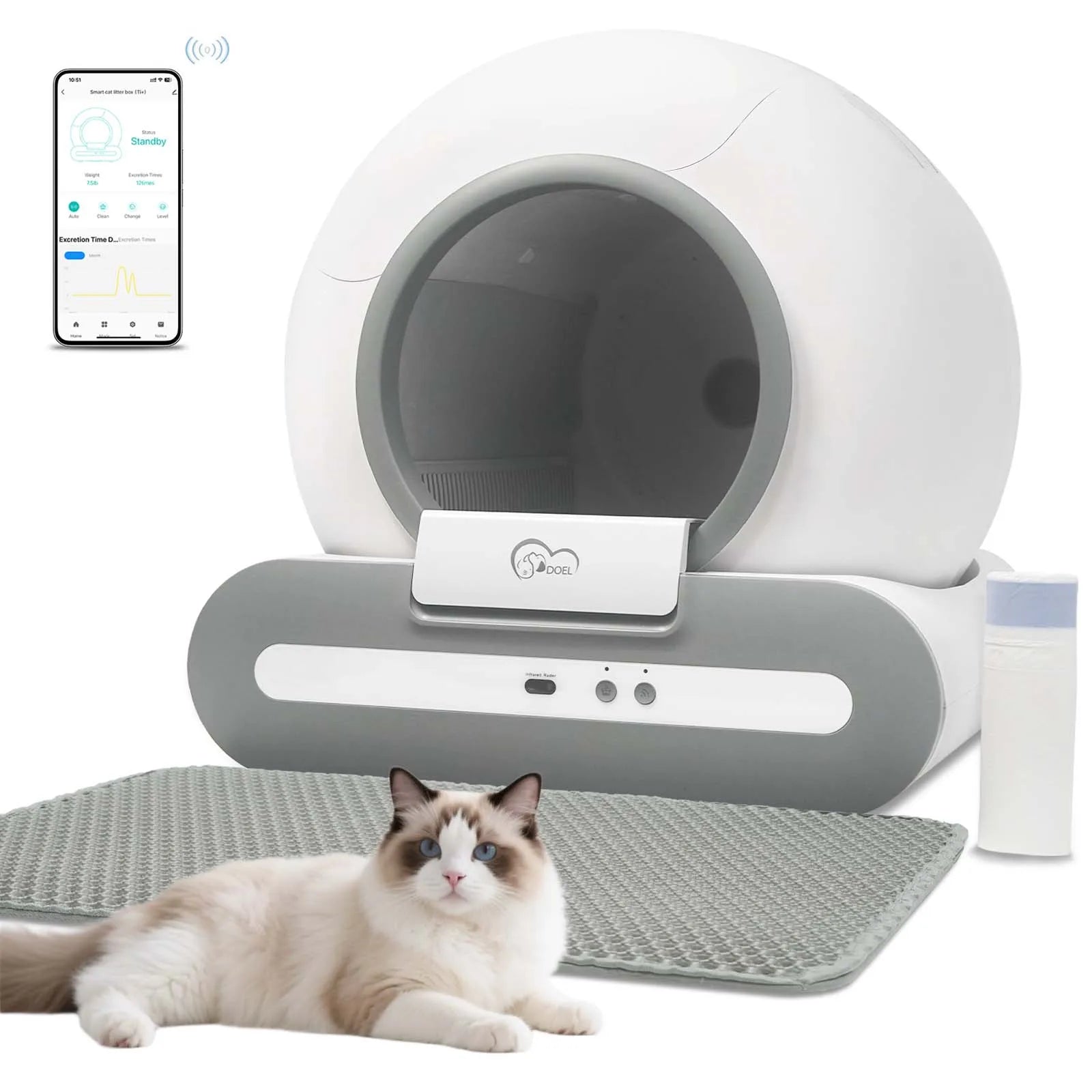 mypawbloom DOEL 65L self-cleaning cat litter box with app control, featuring a modern design and 2.4G WiFi connectivity