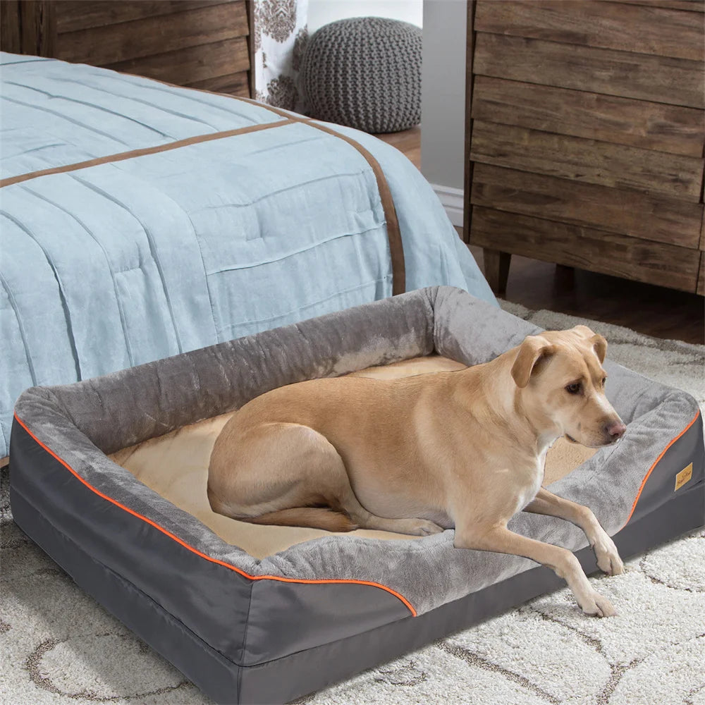 Large orthopedic dog bed with memory foam and removable cover by mypawbloom, featuring plush fabric and supportive design for pets.