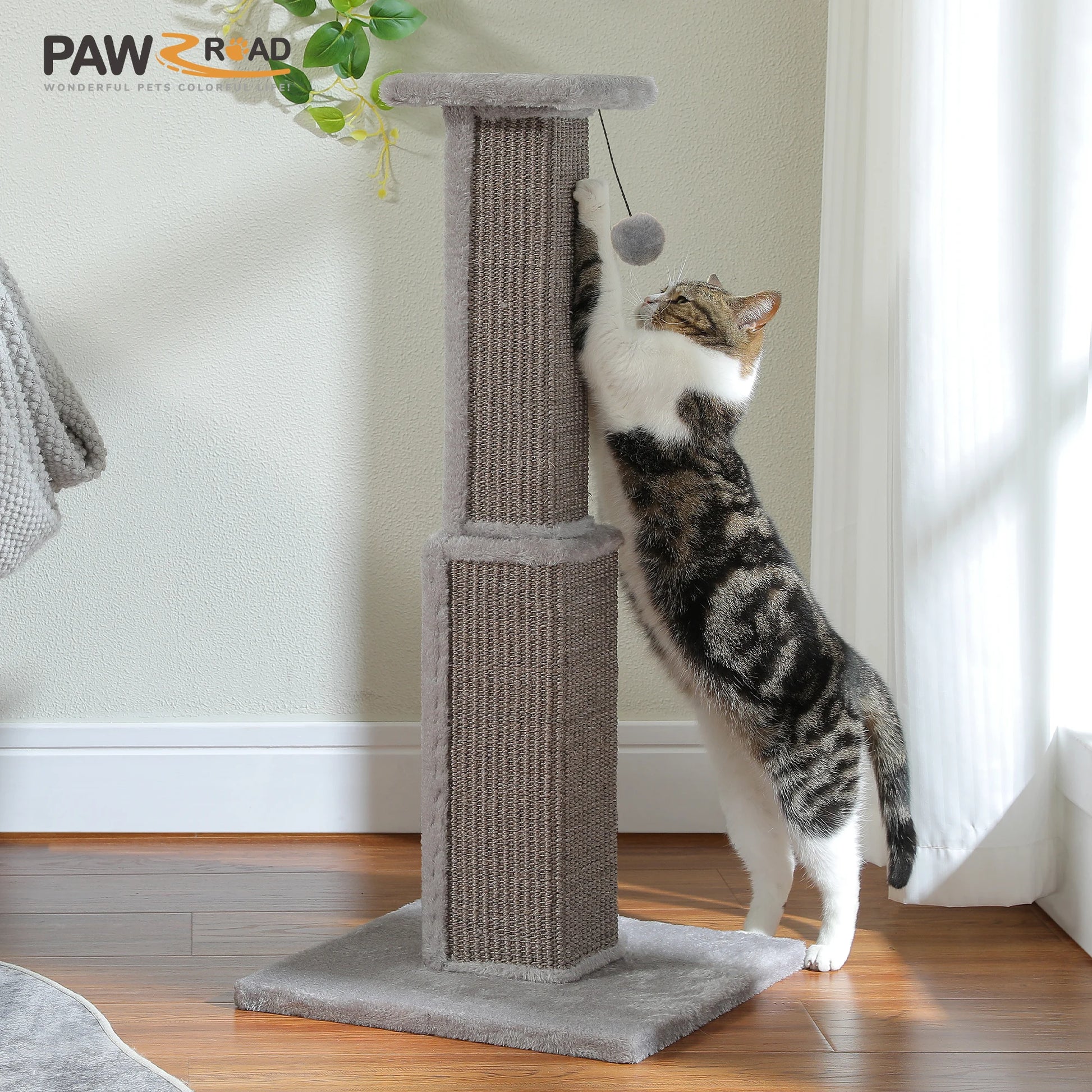 Large mypawbloom cat scratching post with sisal scratching surface and cozy platform for cats to play and rest.