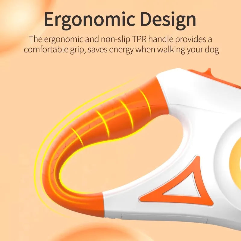 MyPawbloom 5M retractable dog leash with LED flashlight, showcasing the leash extended with the flashlight attached for nighttime walks.