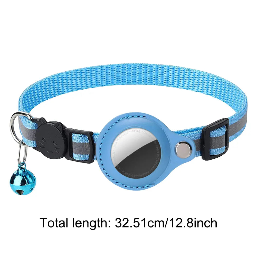 Reflective cat collar with Apple AirTag holder by mypawbloom, featuring a secure buckle and reflective strip for visibility.