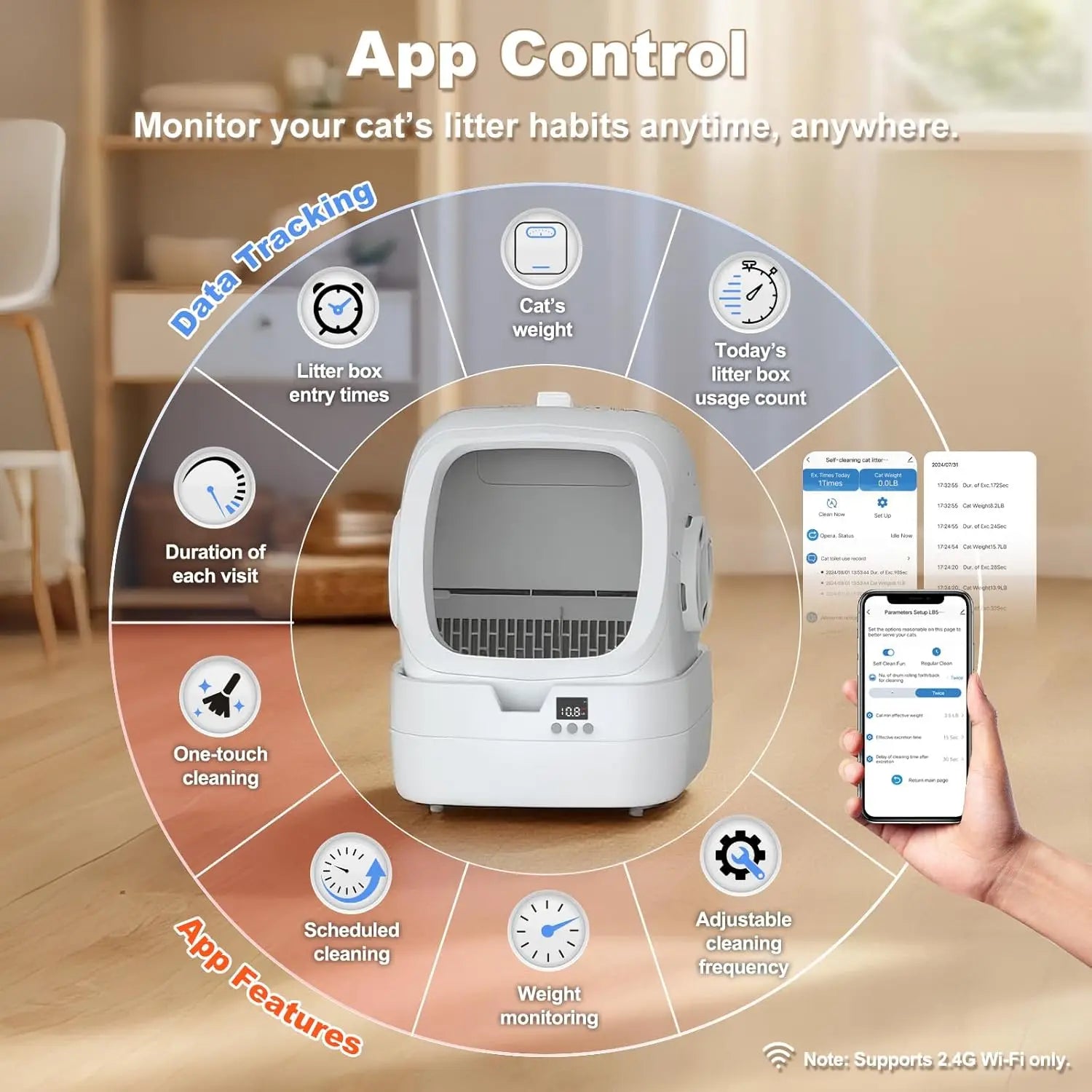 MyPawBloom automatic cat litter box with self-cleaning, app control, and weight monitoring, showing sleek design and litter tray.