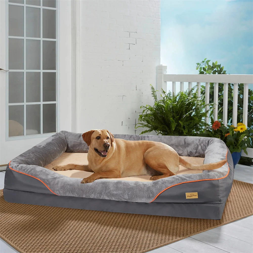 Large orthopedic dog bed with memory foam and removable cover by mypawbloom, featuring a plush, comfortable surface for pets.