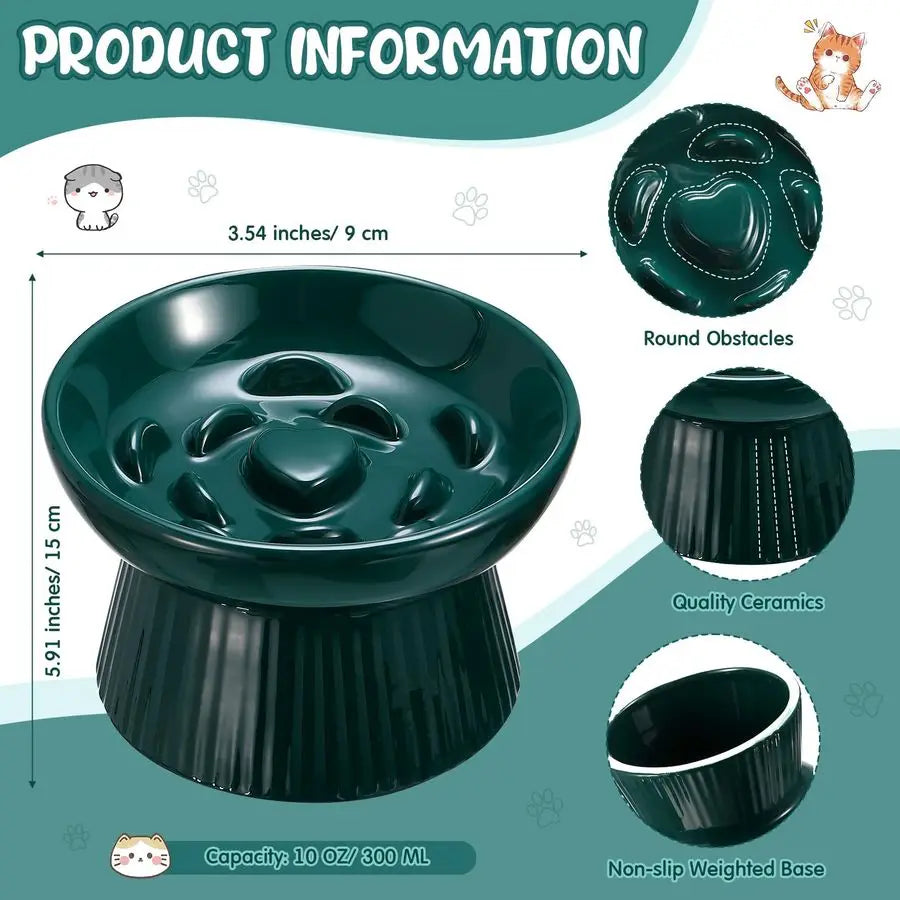 Two ceramic raised cat slow feeder bowls by mypawbloom with elevated design for easy feeding and digestion.