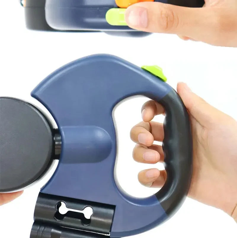 MyPawbloom 3-in-1 retractable dog leash with double heads, built-in flashlight, and poop bag dispenser for walking pets.