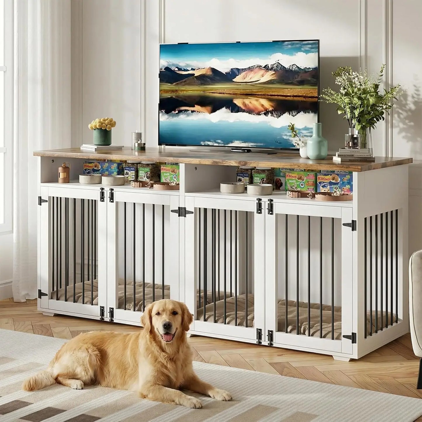 Mypawbloom 72-inch dog crate furniture designed for two dogs, featuring a stylish wood finish and spacious interior for pet comfort.