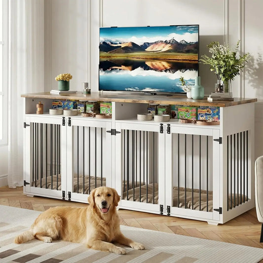 Mypawbloom 72-inch dog crate furniture designed for two dogs, featuring a stylish wood finish and spacious interior for pet comfort.