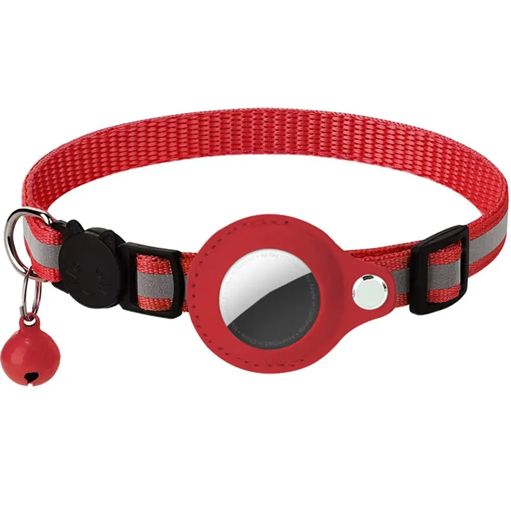 Reflective cat collar with Apple AirTag holder by mypawbloom, featuring adjustable strap and safety reflective strip for nighttime visibility.