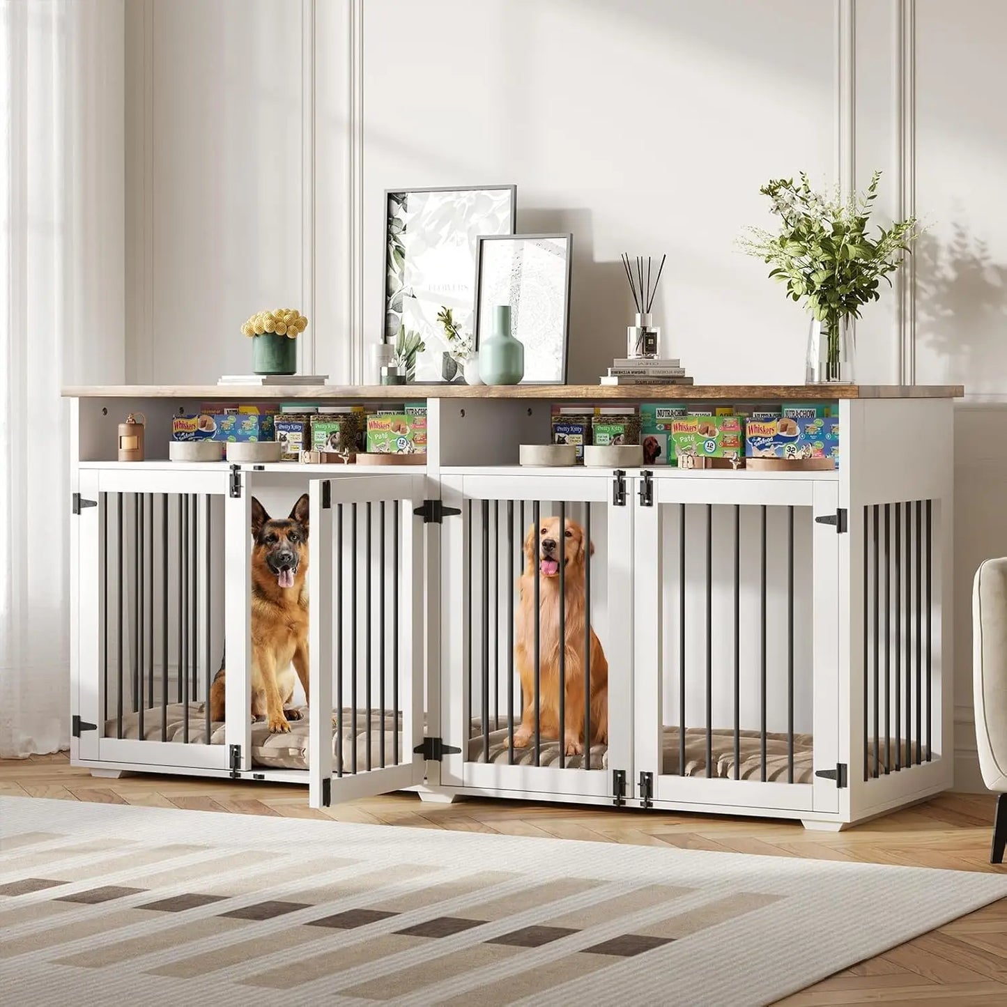 Mypawbloom 72-inch dog crate furniture designed for two dogs, featuring a stylish wooden design with doors and storage compartments.
