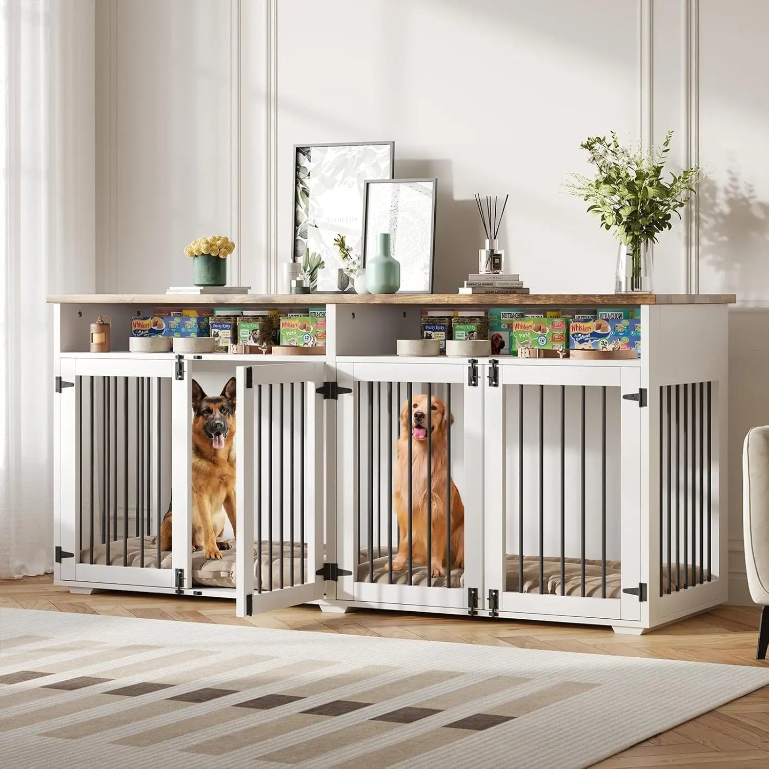 Mypawbloom 72-inch dog crate furniture designed for two dogs, featuring a stylish wooden design with doors and storage compartments.