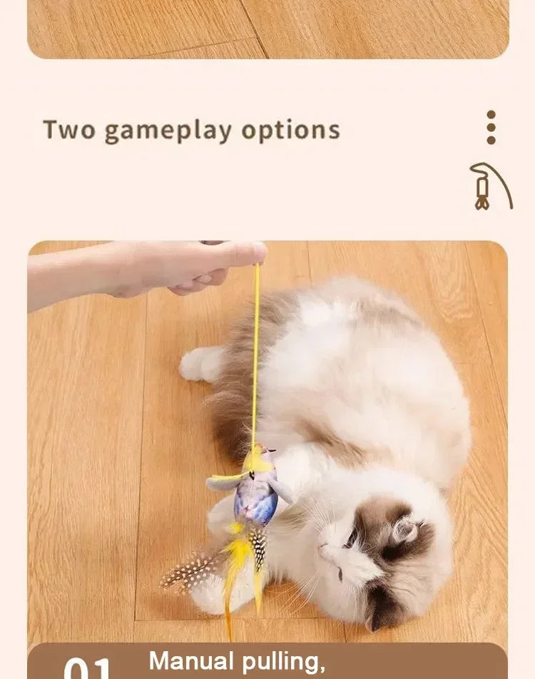 Rechargeable chirping flapping bird plush toy for cats, touch-activated, with catnip and squeak from mypawbloom.