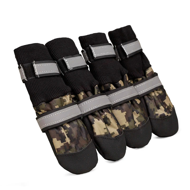 Waterproof anti-slip high shoes for large and medium dogs with camouflage pattern by mypawbloom, designed for outdoor protection.