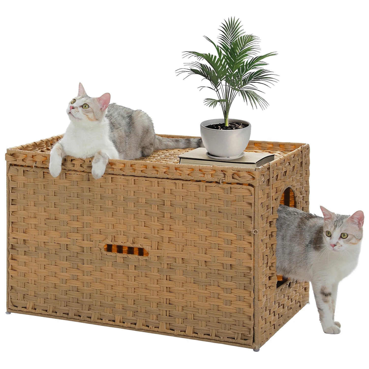 Rattan cat litter box enclosure with tall doorway by mypawbloom, showcasing natural rattan design and spacious entry for easy access.