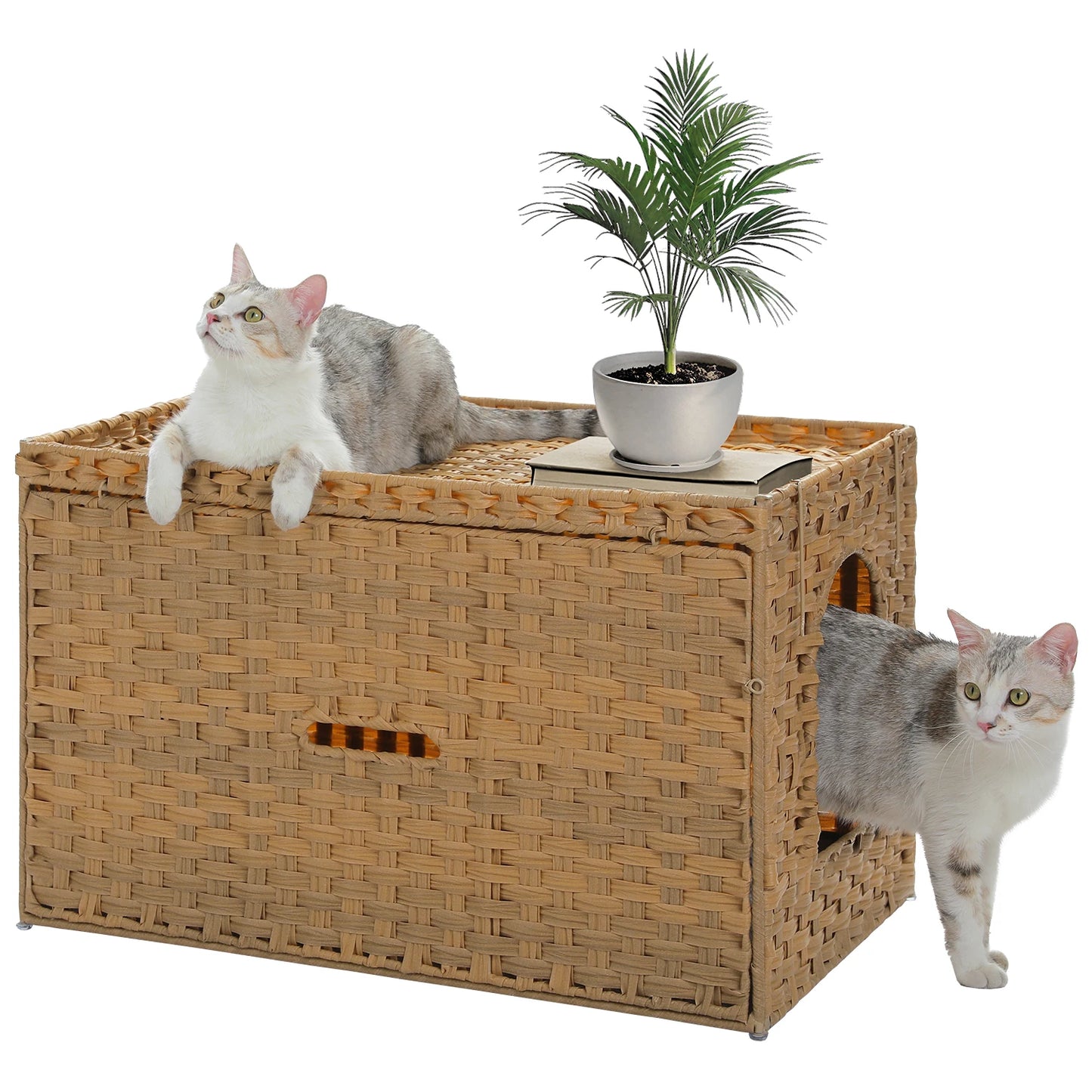 Rattan cat litter box enclosure with taller doorway by mypawbloom, featuring a stylish woven design and accessible entry for cats.