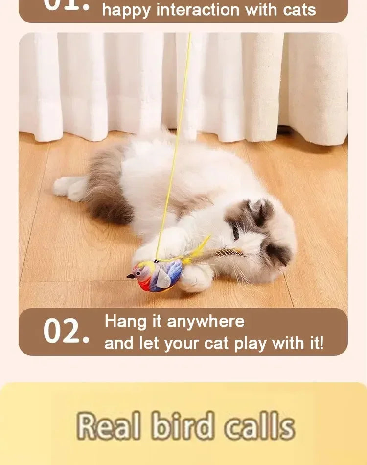 Rechargeable chirping flapping bird plush toy for cats with touch-activated squeak and catnip by mypawbloom.