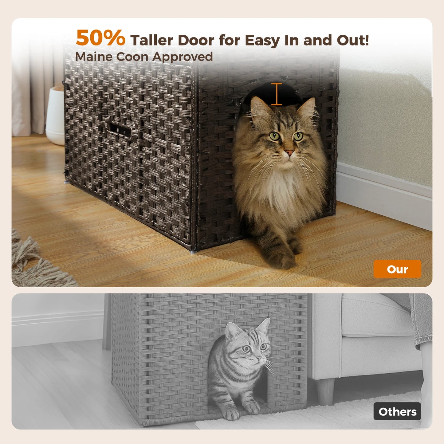 Rattan cat litter box enclosure by mypawbloom with a taller doorway for easy access and stylish natural rattan design.