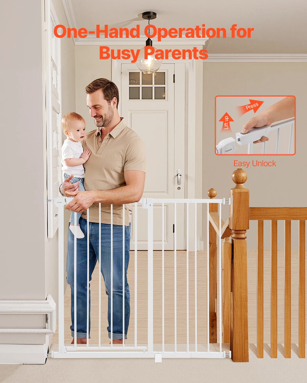 Mypawbloom dog gate 28-36 inches high with walk-through design, easy step for pets and owners, in neutral color.