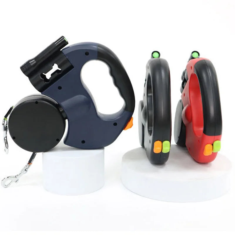 Mypawbloom 3-in-1 double head retractable dog leash with flashlight and poop bag dispenser, shown with leash, flashlight, and bags.