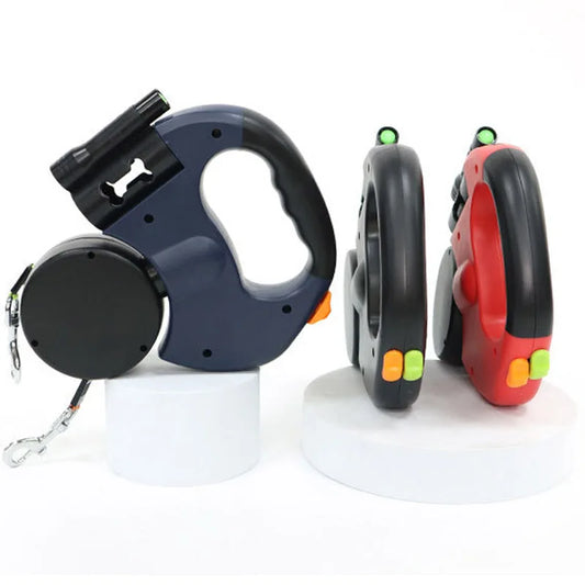 Mypawbloom 3-in-1 double head retractable dog leash with flashlight and poop bag dispenser, shown with leash, flashlight, and bags.