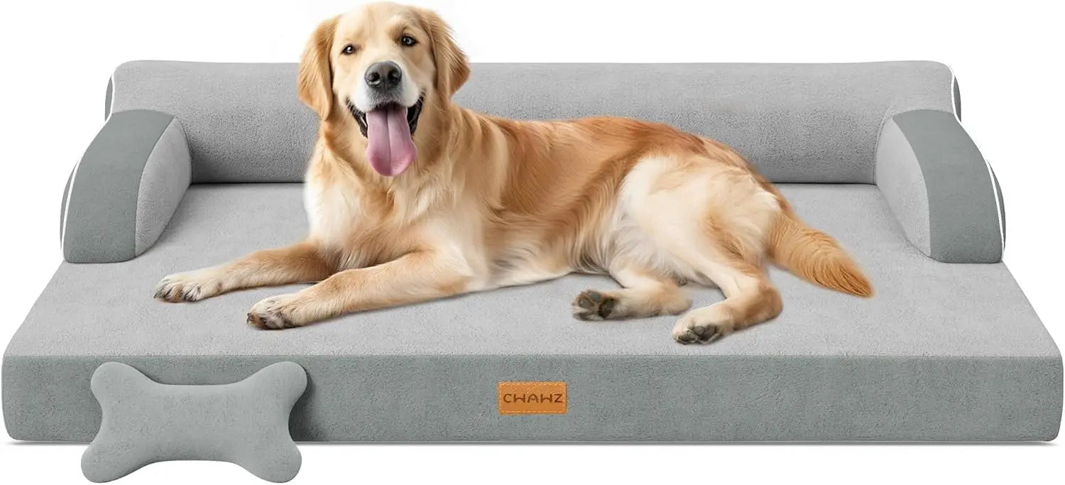 Large orthopedic dog bed with cooling memory foam by mypawbloom, featuring plush fabric and supportive cushioning for pets.