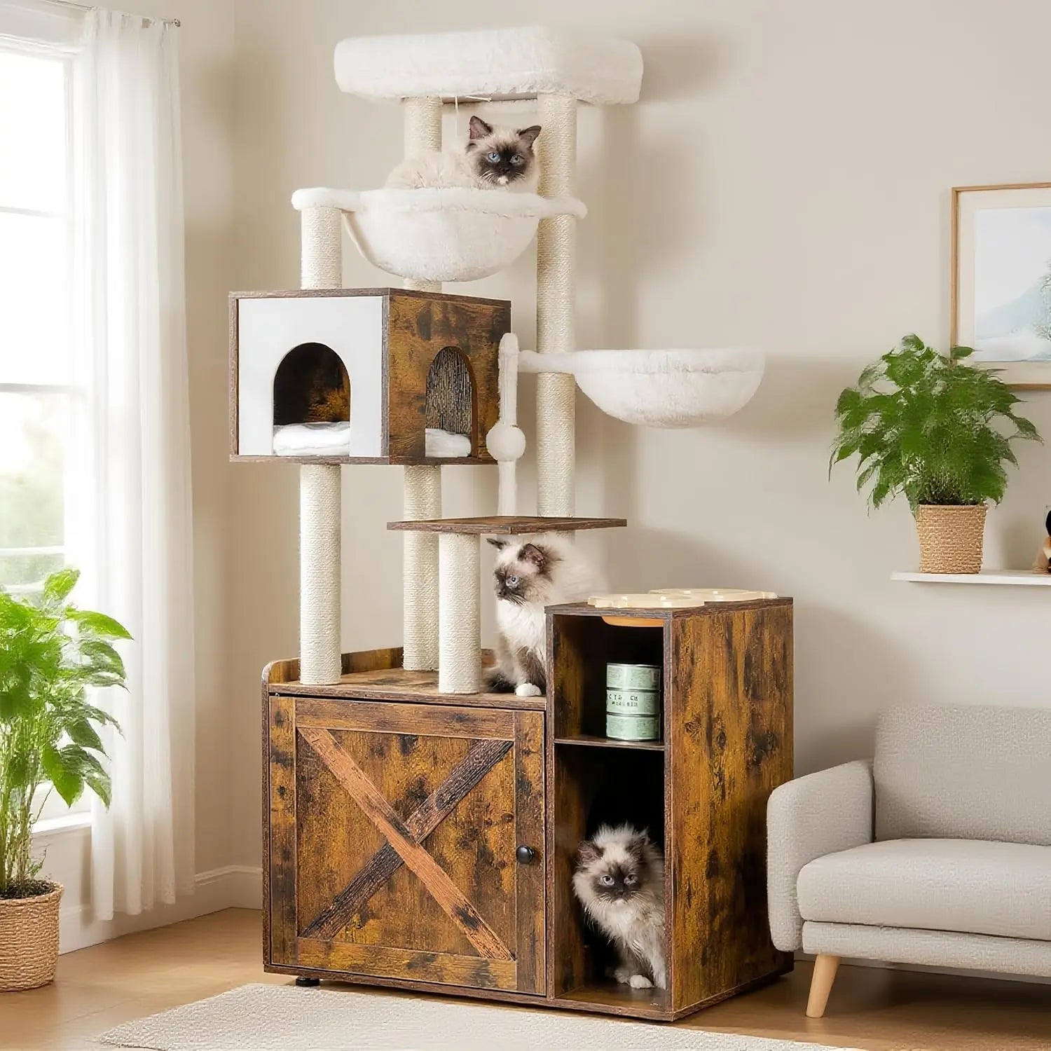 Modern cat tree with litter box enclosure from mypawbloom, all-in-one furniture for stylish and functional cat living space.