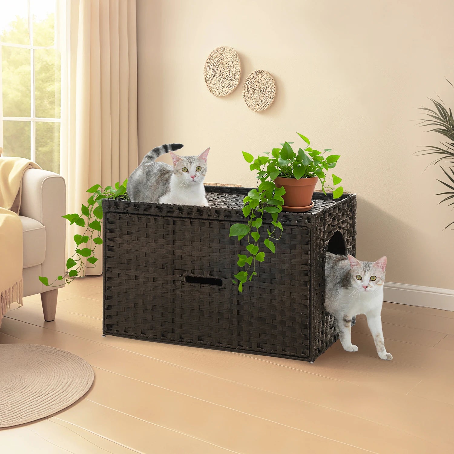 Rattan cat litter box enclosure by mypawbloom with a taller doorway for easy access and stylish natural rattan design.