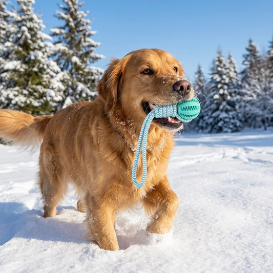 MyPawbloom cotton rope and rubber dog chew ball with treat dispenser, durable toy for dogs to chew and play.