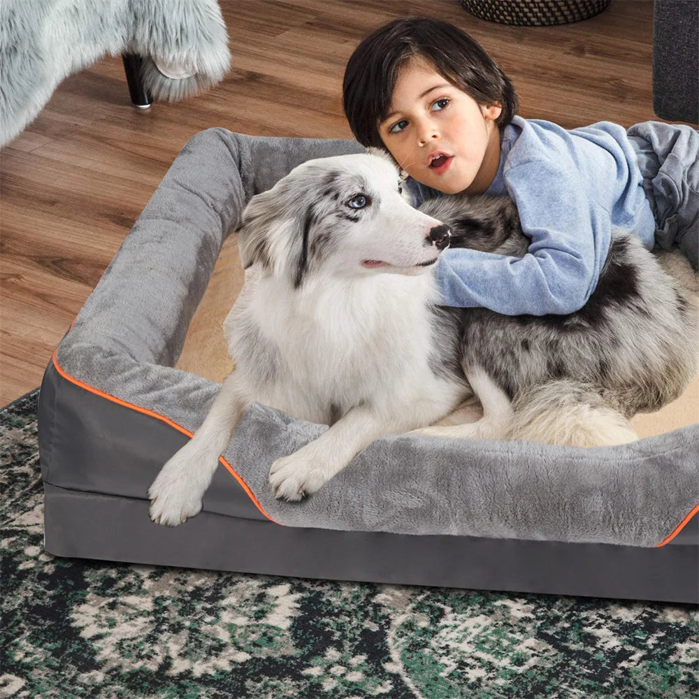 Large orthopedic dog bed with memory foam and removable cover by mypawbloom, showcasing the plush cushion and durable fabric.