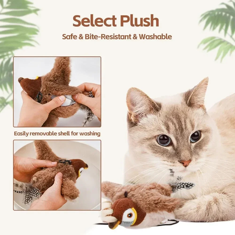 MyPawbloom rechargeable chirping flapping bird plush toy for cats with catnip, touch-activated squeak, and soft, colorful fabric.