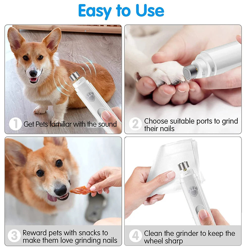 Mypawbloom electric dog nail grinder with USB rechargeability, LED light, and compact design for safe pet nail grooming.
