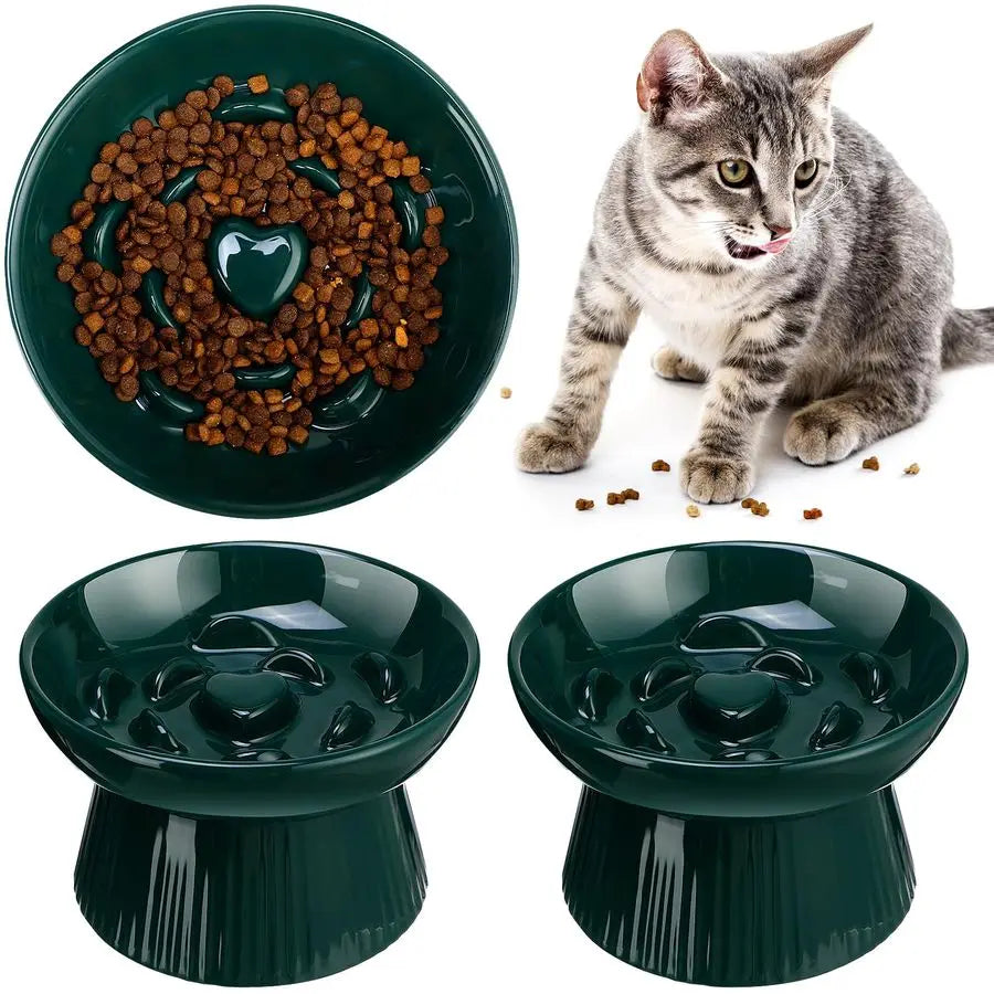 Two ceramic raised cat slow feeder bowls by mypawbloom, designed with ridges to promote healthy eating for cats.
