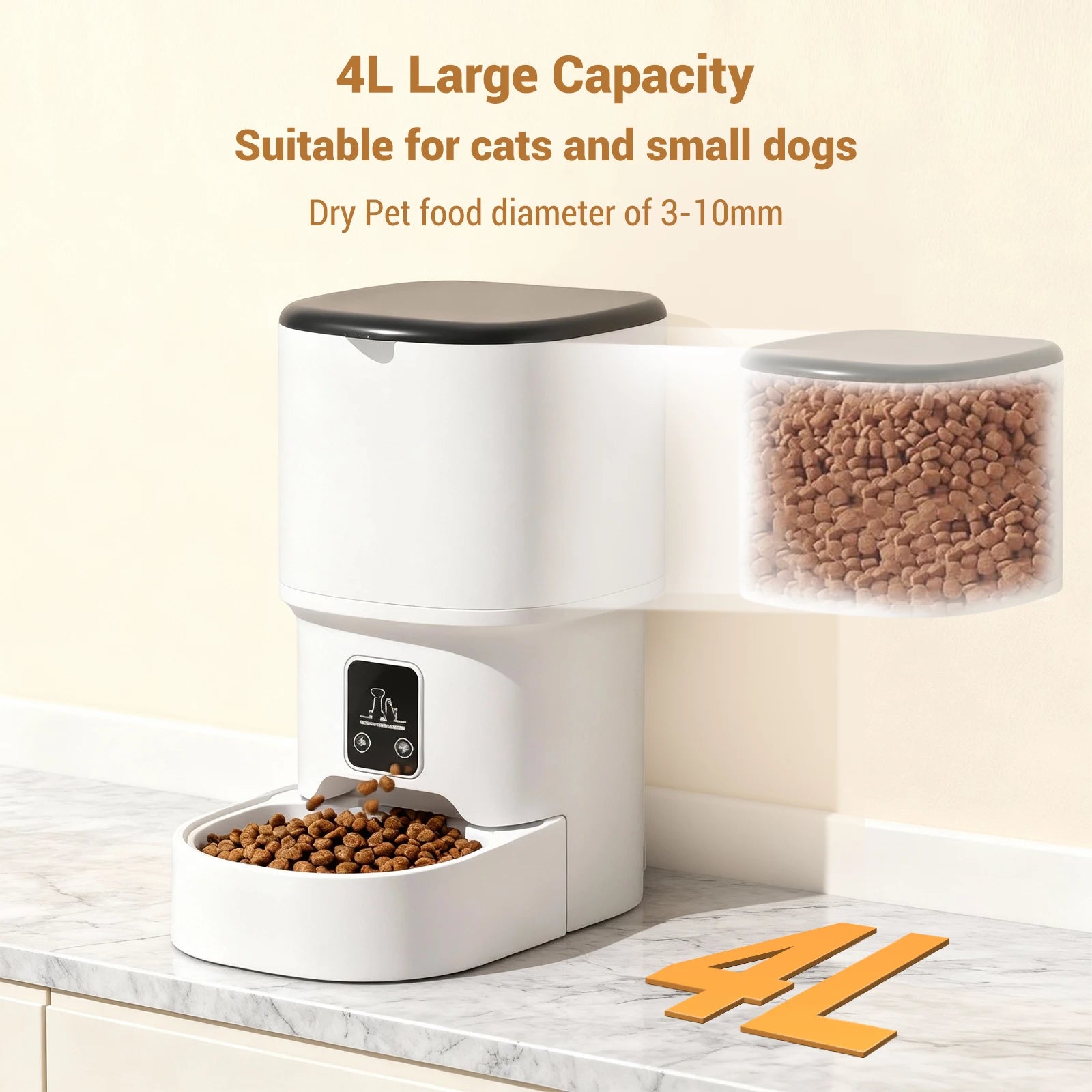 Mypawbloom programmable 4L automatic pet feeder for small dogs and cats, with digital controls and transparent food container.