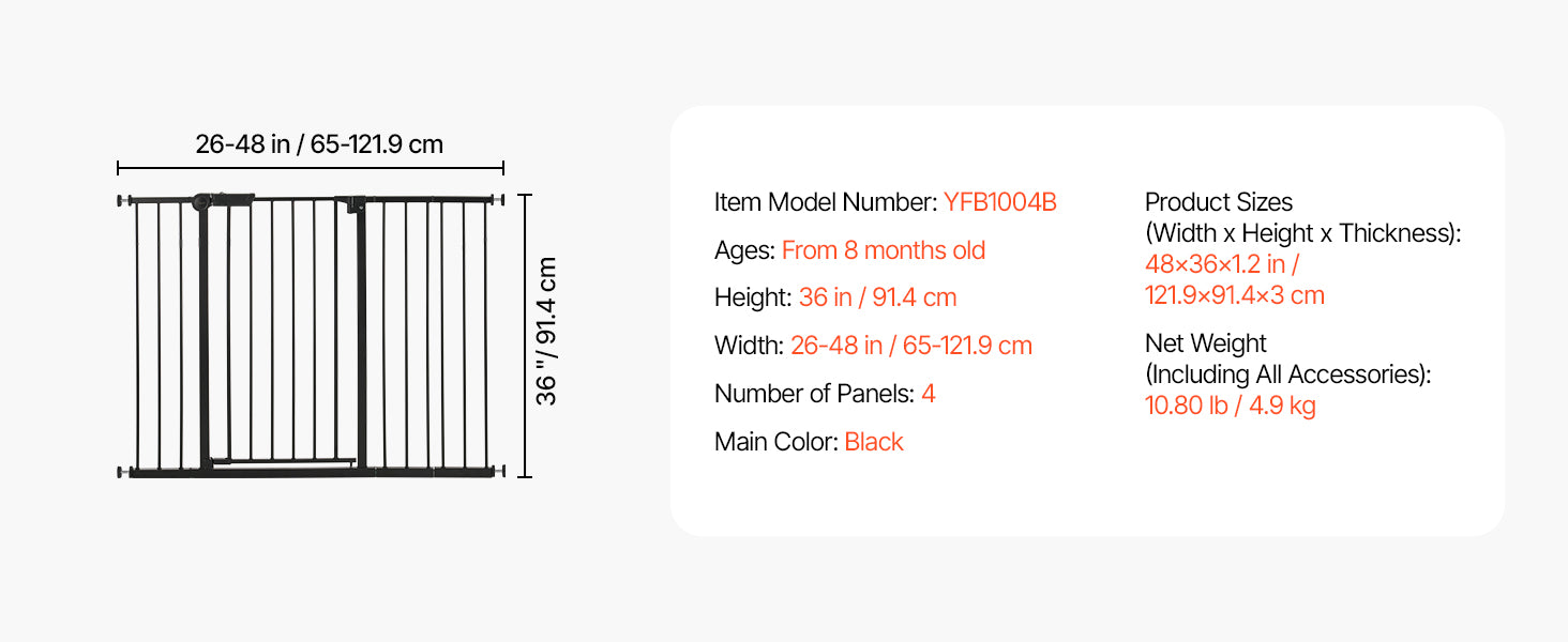 Mypawbloom baby gate and dog gate, 28/30/36 inches high, easy step walk-thru design, white metal frame with safety latch