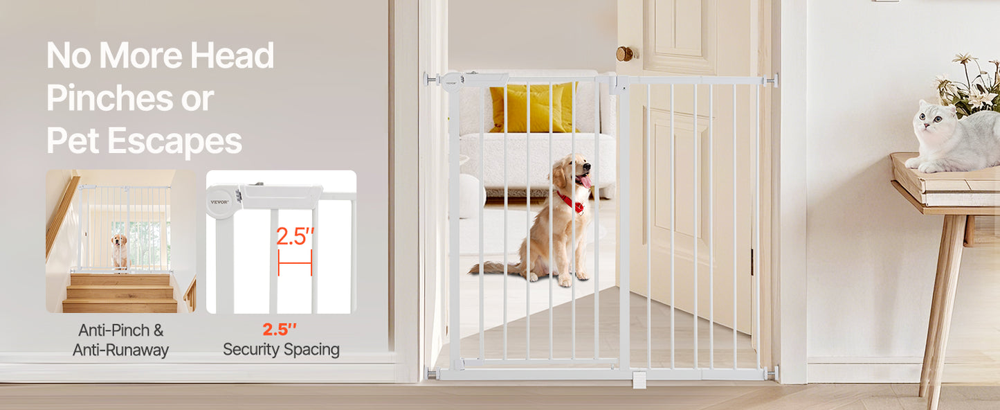 Mypawbloom baby gate in white, 28/30/36 inches high, with easy step walk-through design for pet safety and home security.
