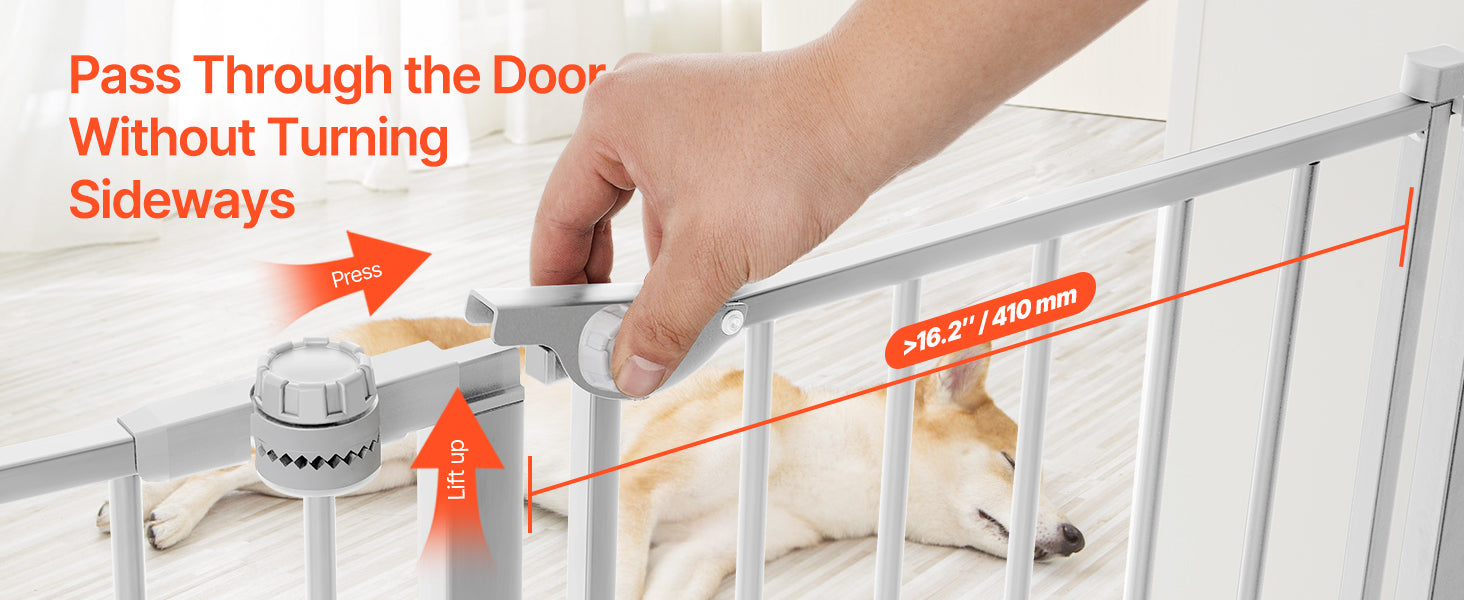 Mypawbloom baby gate 28-36 inches high with easy step walk-thru, sturdy metal construction for pet and child safety.