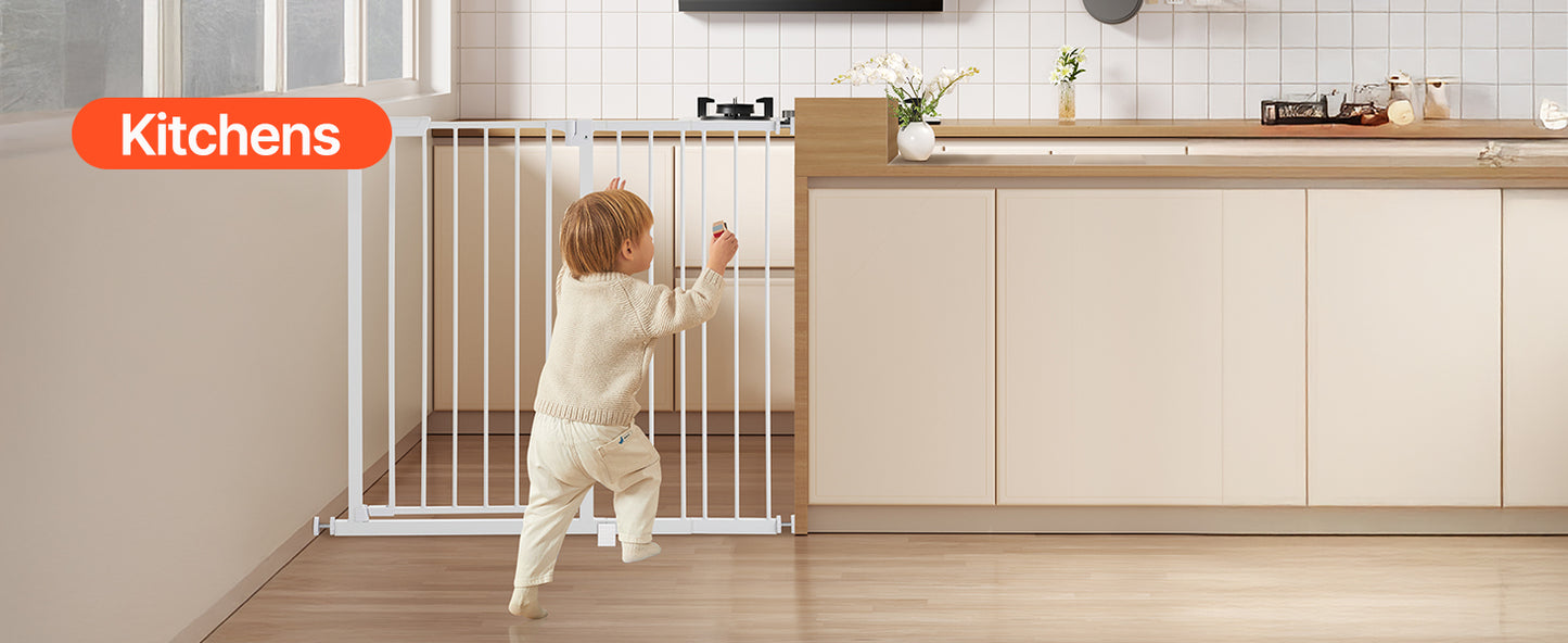 Mypawbloom baby gate in white, 28/30/36 inches high with easy step walk-through design, suitable for pet or child safety.
