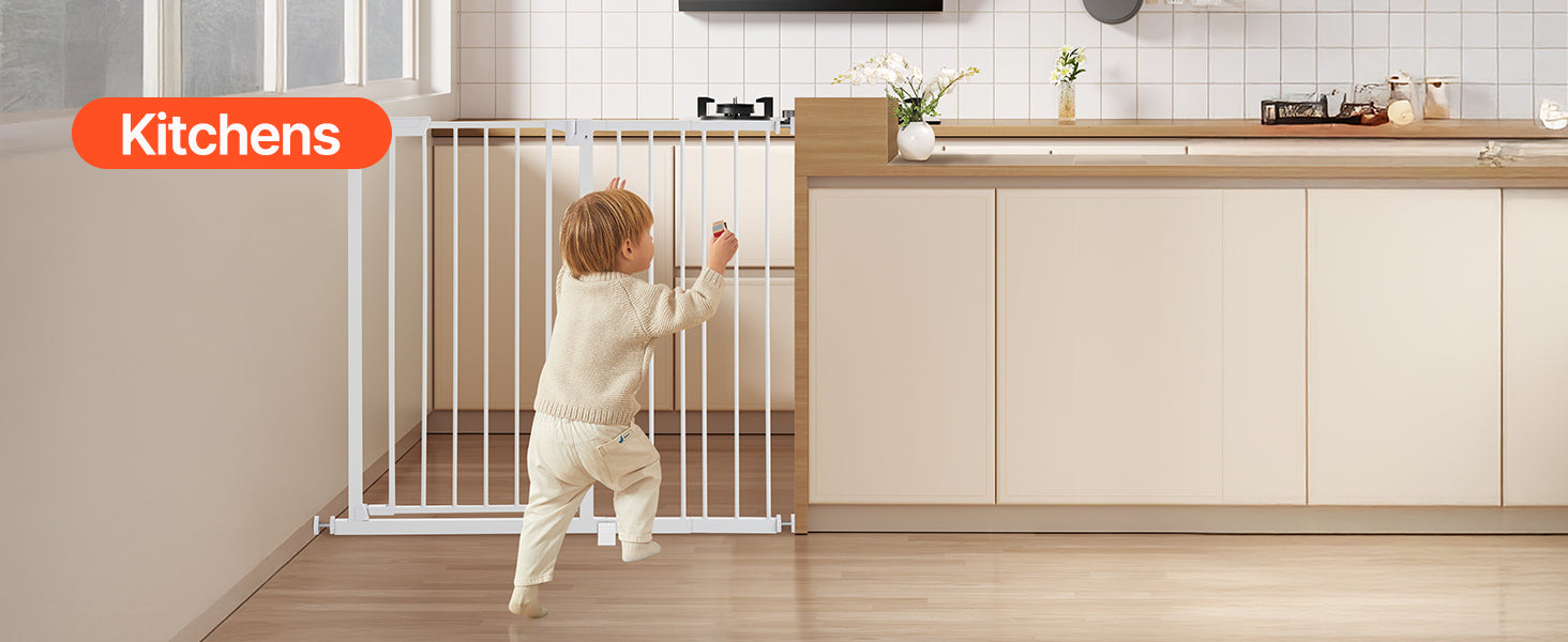 Mypawbloom baby gate in white, 28/30/36 inches high with easy step walk-through design, suitable for pet or child safety.