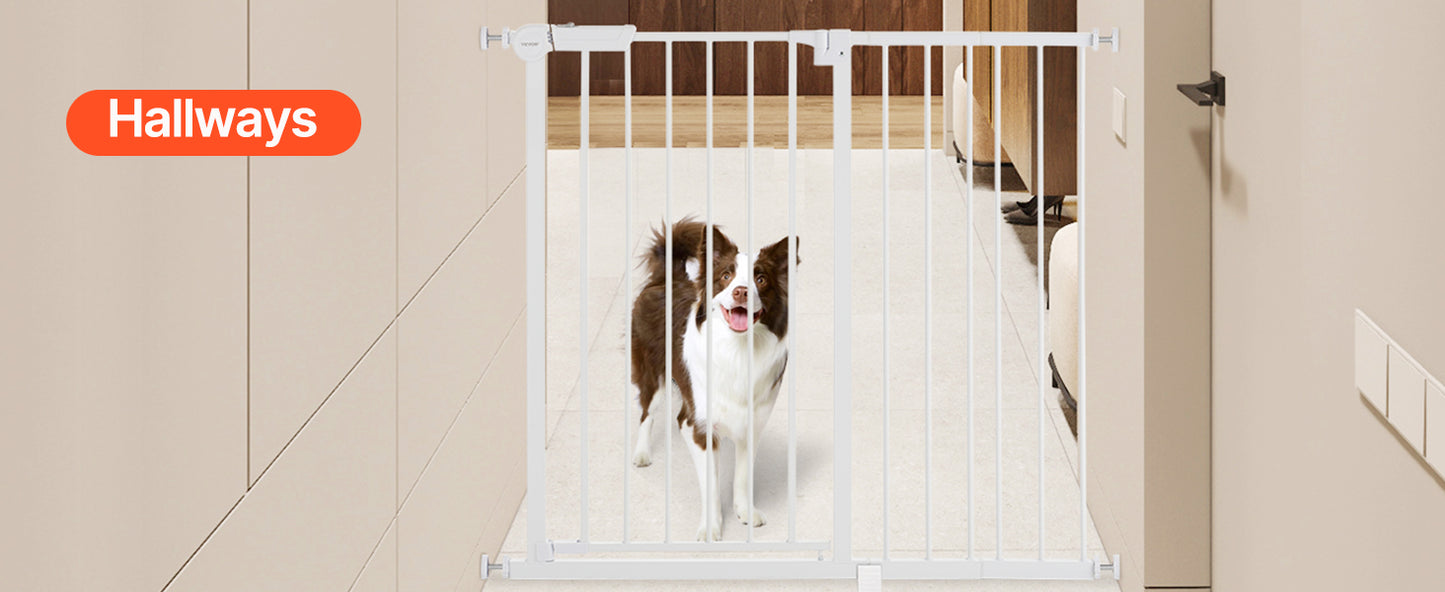 Mypawbloom baby gate, 28-36 inches high, with easy step walk-through design, suitable for pet and child safety.