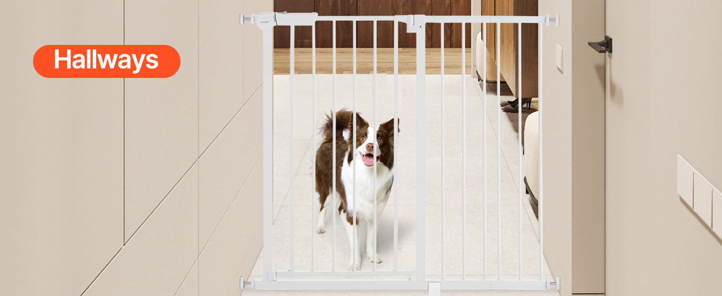 Mypawbloom baby gate, 28-36 inches high, with easy step walk-through design, suitable for pet and child safety.