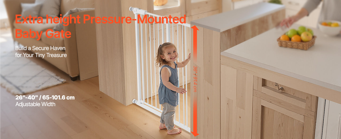 Mypawbloom baby gate in white, 28-36 inches high, with walk-through door, designed for easy pet and child safety.