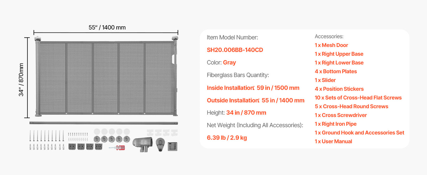 Foldable black retractable mesh dog gate by mypawbloom, measuring 55, 71, or 110 inches, with a 34-inch height, in a folded position.