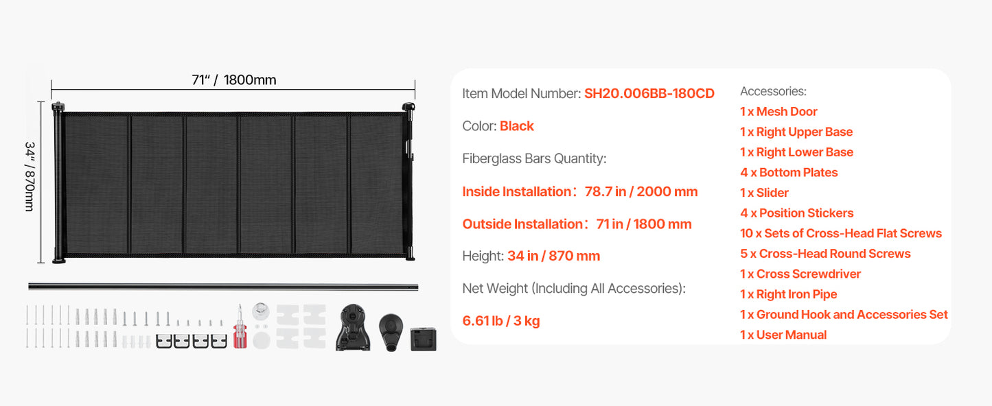 Foldable retractable mesh dog gate by mypawbloom, 55/71/110-inch adjustable size, with a 34-inch height for pet barriers.