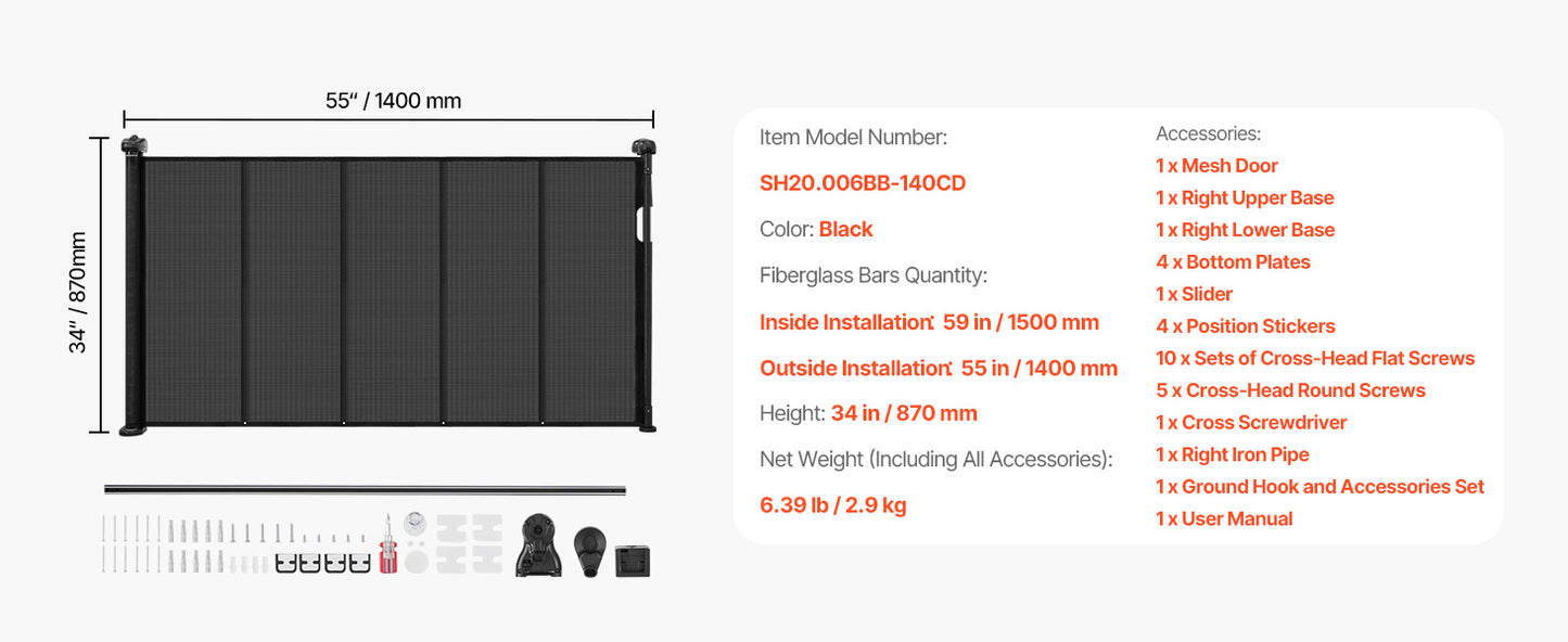 Foldable retractable mesh dog gate in black, 55/71/110 inches, with a 34-inch height, manufactured by mypawbloom.