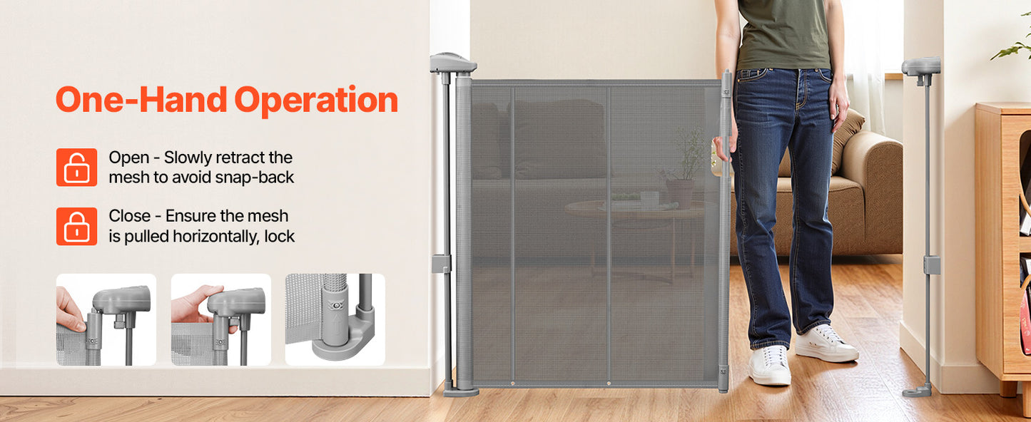 Foldable MyPawbloom 55/71/110-inch retractable mesh dog gate, 34 inches tall, shown in a partially extended, foldable design.