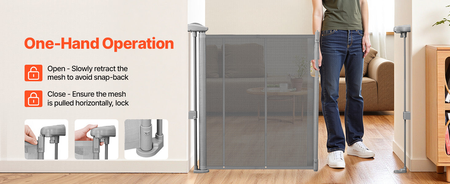 Foldable MyPawbloom 55/71/110-inch retractable mesh dog gate, 34 inches tall, shown in a partially extended, foldable design.