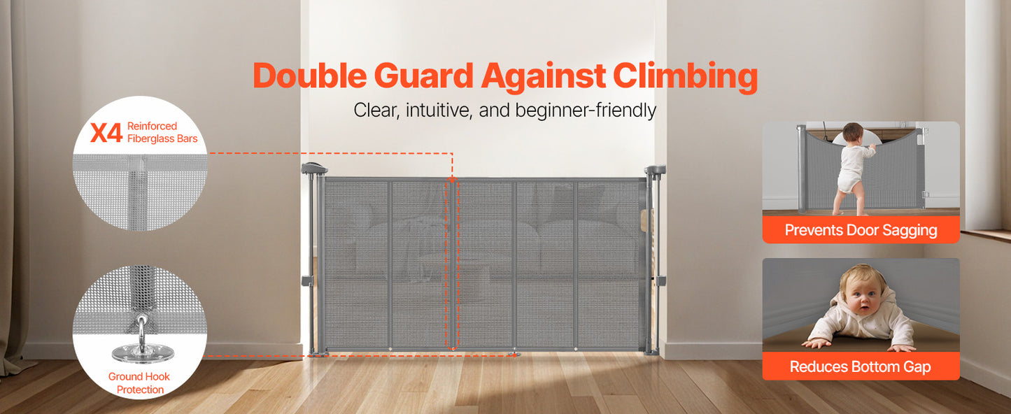 Foldable retractable mesh dog gate by mypawbloom, 55/71/110 inches, 34 inches tall, shown in a folded position for easy storage.