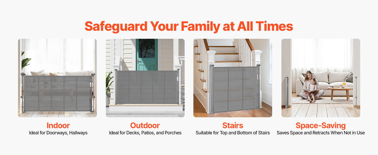 Foldable mesh dog gate by mypawbloom in 55, 71, or 110 inches, with a 34-inch height, shown in a folded position.